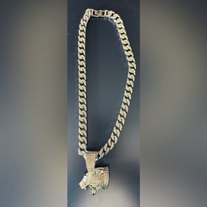 Silver Tone Roaring Panther Head Pendant Necklace – 18” Stainless Steel Cuban